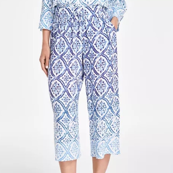 JM Collection Blue Ombre Pattern Elastic Waist Linen Blend Crop Pants Size 3X - Picture 1 of 14